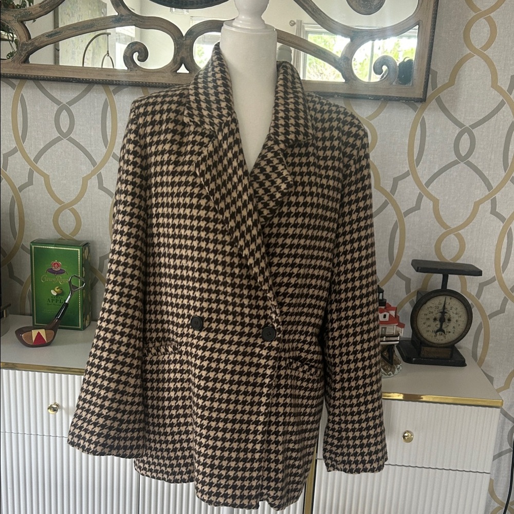 Houndstooth Double-Breasted Women's Coat - Brown/Black
